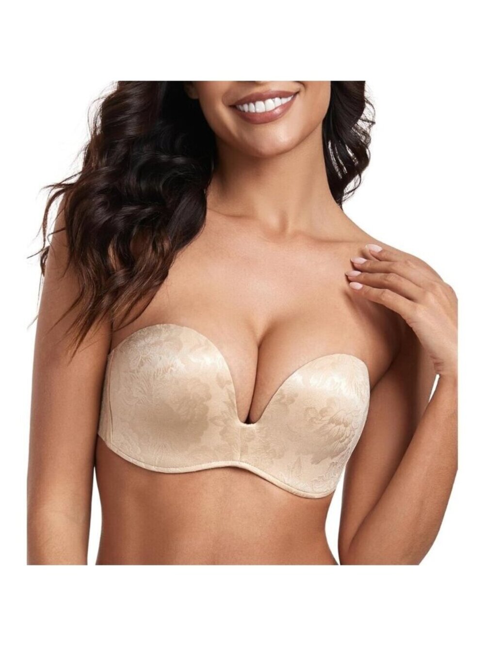 Women's Floral Beige Straples Bra Push Up Anti-slip Support Lift Up Wirefree Bra